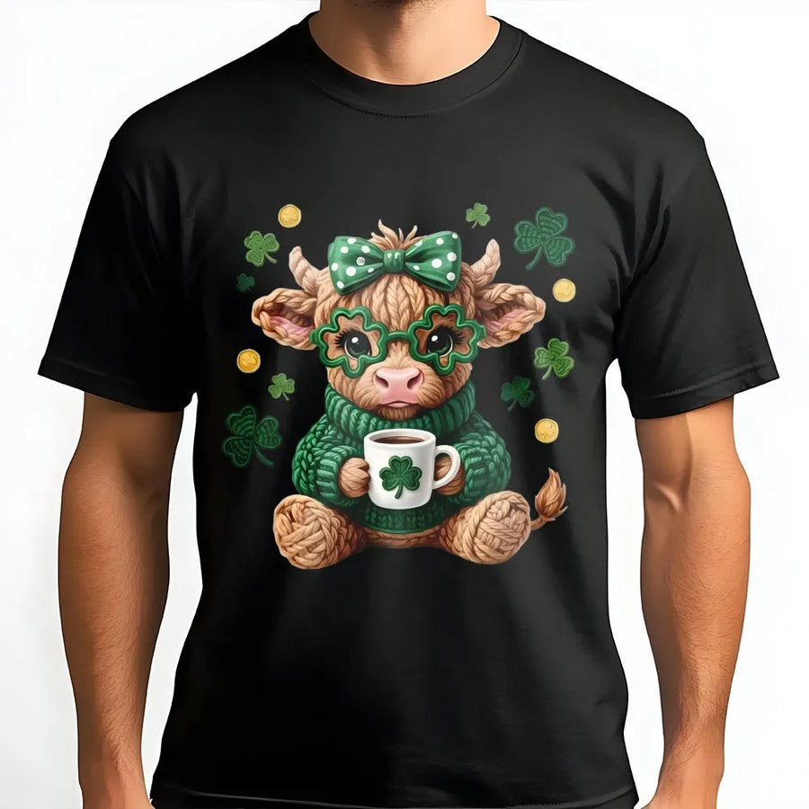 St Patricks Day Highland Cow T-Shirt | Cute Shamrock Glasses Graphic | 100% Soft Cotton Tee | Festive Irish Celebration Gift for Her
