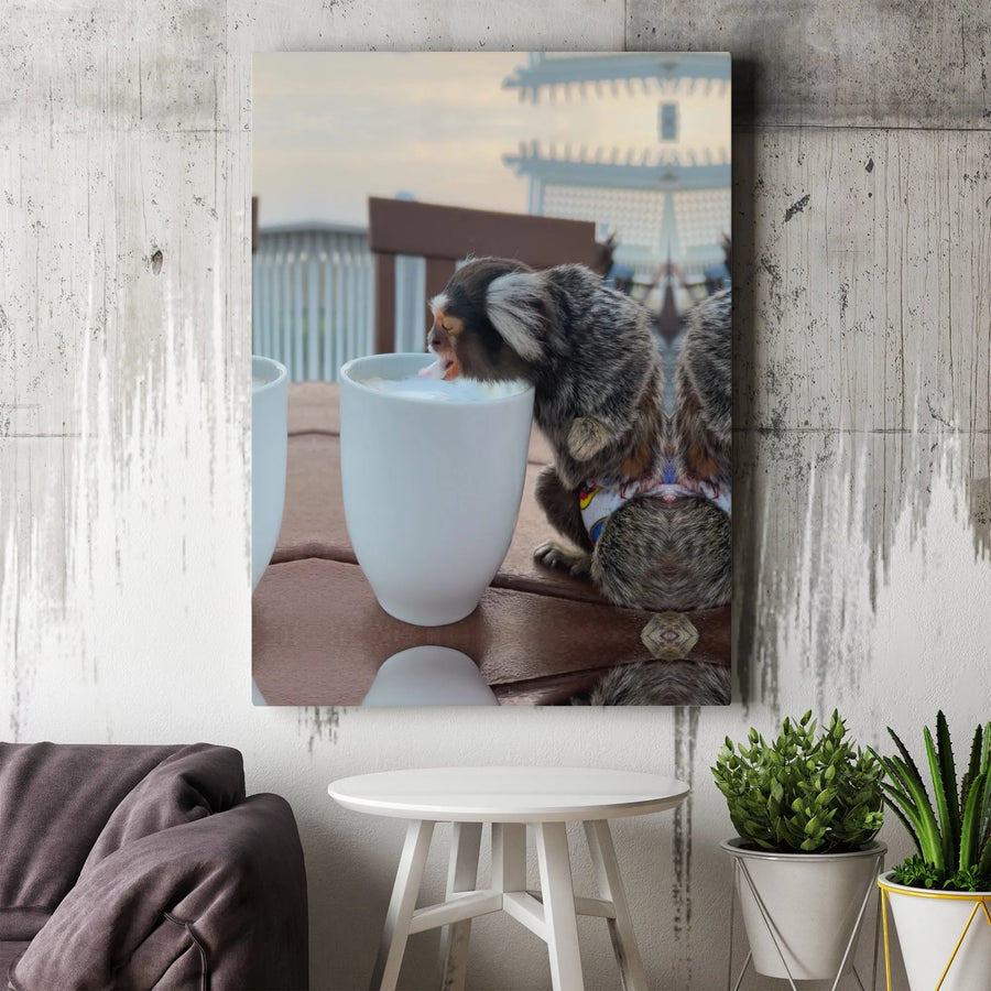 Marmoset Monkey Coffee Canvas Art | Cute Animal Drinking Coffee Print | Premium Gallery-Wrapped Decor | Unique Coffee Lover Gift Wall Art