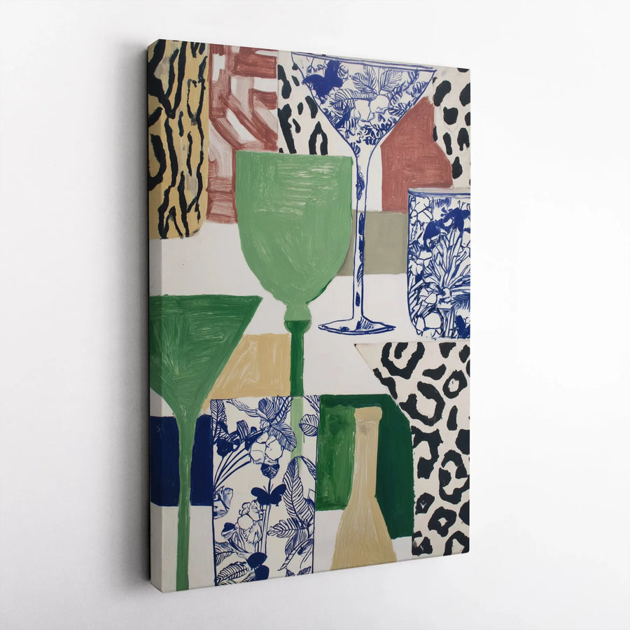 Abstract Cocktail Wall Art | Leopard Print & Floral Martini Glasses | Gallery Quality 1.25" Canvas | Modern Bar Decor Gift for Home