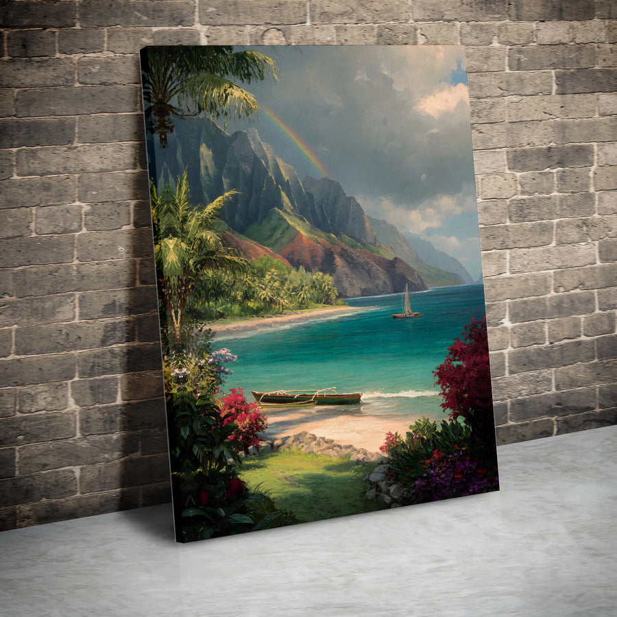 Tropical Hawaiian Coast Canvas Print | Rainbow Over Lush Mountain Bay | Premium Gallery Wrap Wall Art | Coastal Decor for Living Room Office