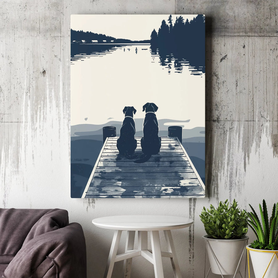 Dog Lake Dock Wall Art | Two Labrador Silhouettes Print | Premium Gallery Wrap Canvas | Rustic Nature Home Decor Gift for Dog Lovers