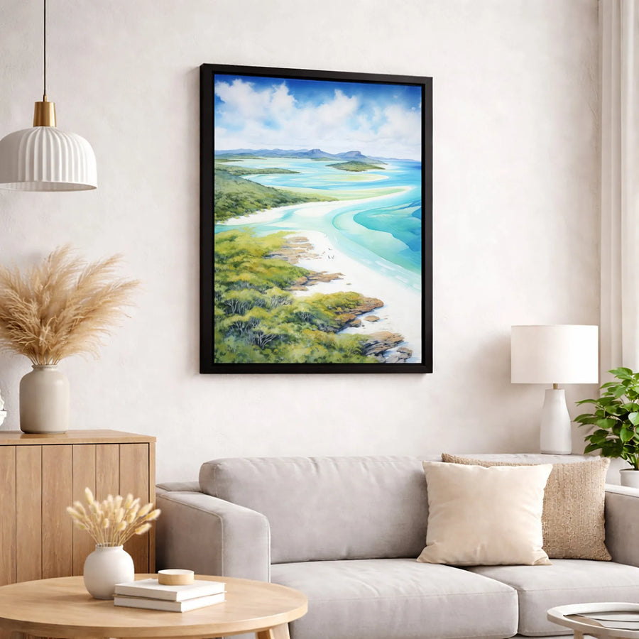 Whitehaven Beach Canvas Print | Whitsunday Islands Watercolor Art | Premium Gallery-Wrapped Wall Decor | Coastal Home Office Gift