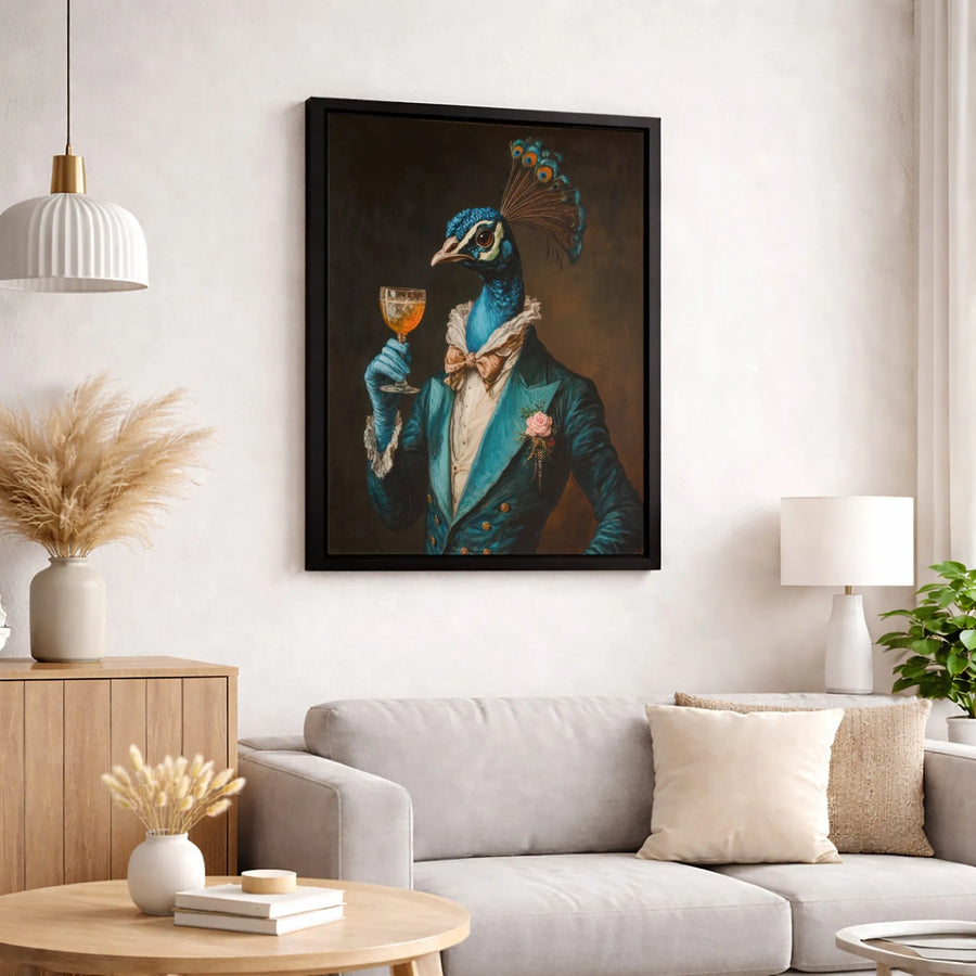 Dapper Peacock Wall Art | Anthropomorphic Bird in Suit Portrait | Premium Gallery-Wrapped Canvas | Unique Home Decor for Gentleman’s Lounge