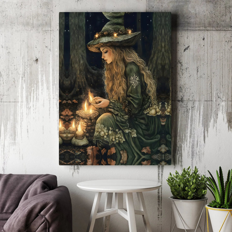 Forest Witch Canvas Wall Art | Magical Glowing Candle Enchantment | Premium Gallery-Wrapped Print | Gothic Fantasy Decor Gift for Wiccans