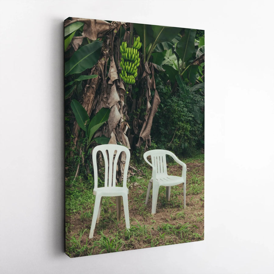 Tropical Garden Vertical Canvas | Surreal Banana Tree & Plastic Chairs Photography | Premium Frameless Print | Modern Minimalist Home Decor Gift