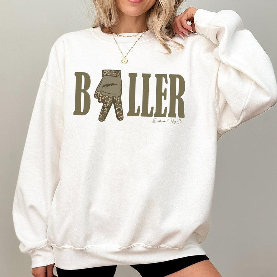 Baller Camo Hand Sign Sweatshirt | Trendy Aesthetic Graphic Pullover | Premium Cotton Blend | Unisex Casual Gift For Basketball Fans And Players