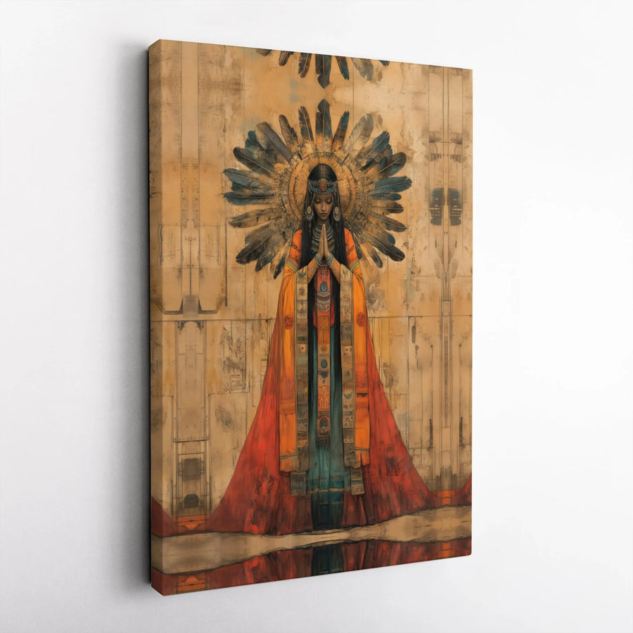 Native American Woman Wall Art | Spiritual Praying Figure with Feather Headdress | Premium Gallery Wrapped Canvas | Cultural Home Decor Gift