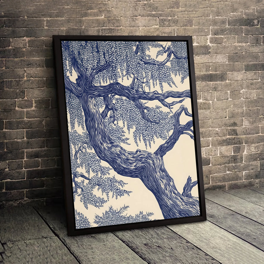 Blue Wisteria Tree Canvas Print | Botanical Linocut Wall Art | Premium Fade-Resistant Gallery Wrap | Modern Home Decor Gift