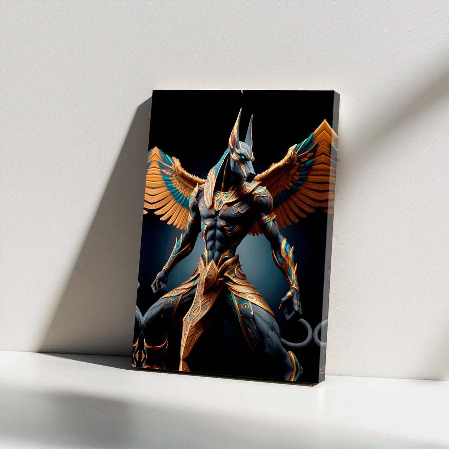 Anubis Egyptian God Canvas Wall Art | Winged Warrior in Gold and Teal Armor | Premium Gallery Wrap Print | Mythological Home Decor Gift