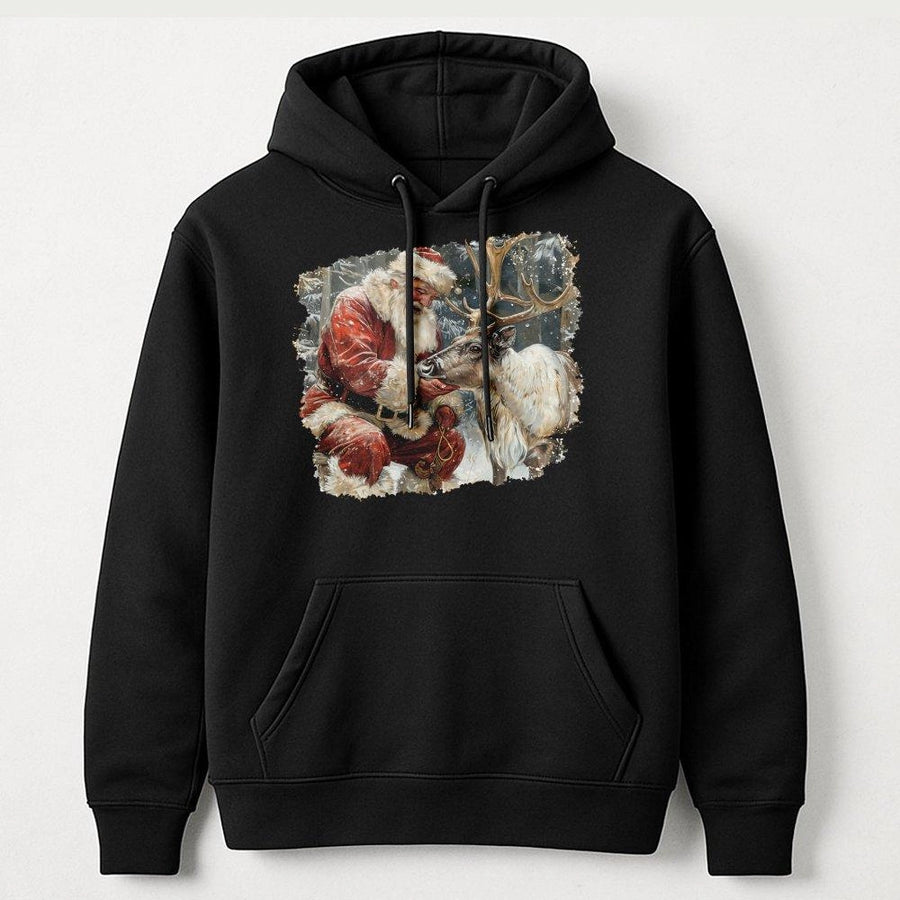 Vintage Santa And Reindeer Hoodie | Cozy Christmas Graphic Sweatshirt | Premium Cotton Blend | Holiday Gift For Winter Lovers
