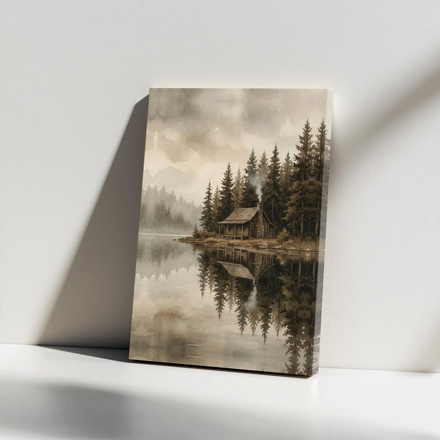 Rustic Cabin Canvas Wall Art | Misty Forest Lake & Pine Tree Reflection | Premium Gallery Wrapped Canvas | Rustic Lodge Decor Gift