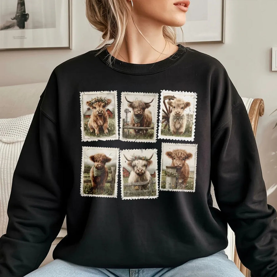 Highland Cow Sweatshirt | Vintage Postage Stamp Collage Graphic | Premium Cotton Blend | Rustic Farm Animal Gift For Animal Lovers