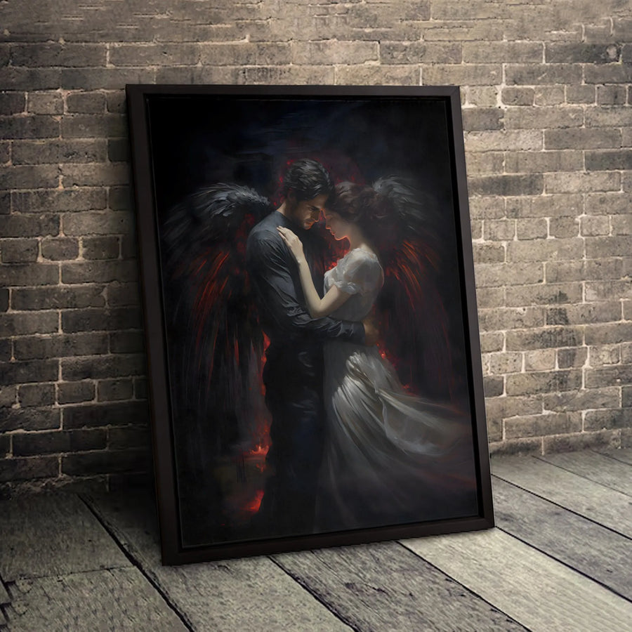 Dark Angel Couple Canvas Print | Romantic Gothic Embrace Artwork | Premium Gallery Wrapped Wall Decor | Gothic Home Decor Gift for Couples