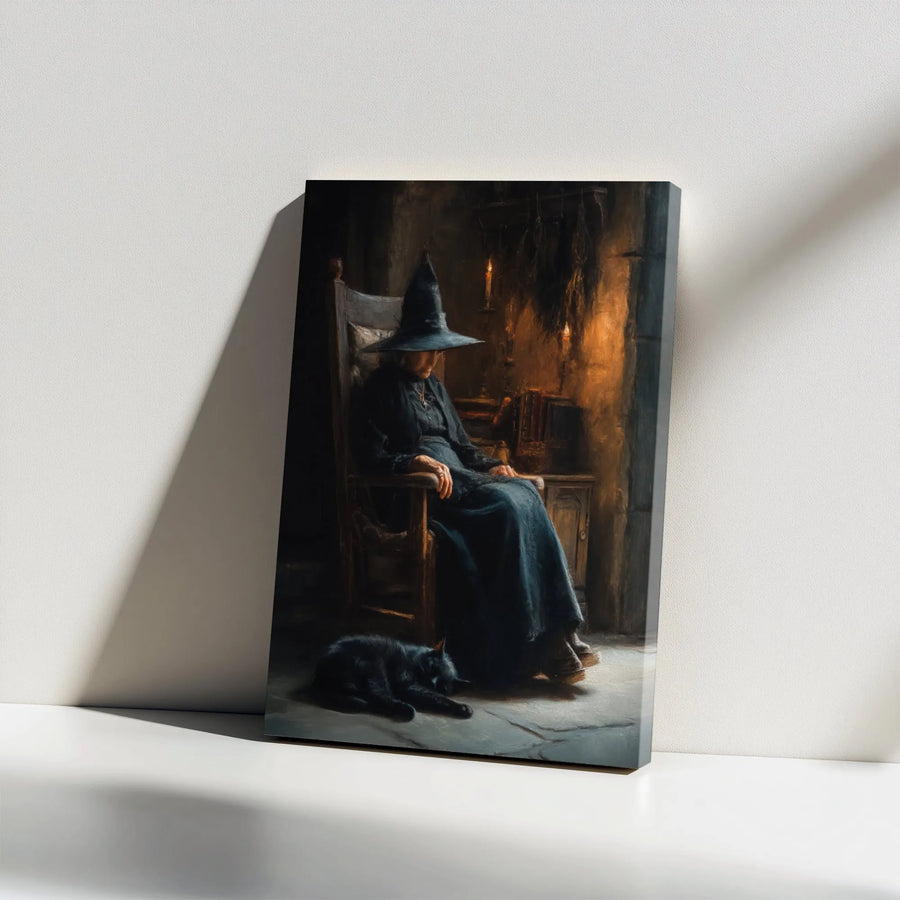 Witch and Black Cat Vertical Canvas | Dark Academia Gothic Wall Art | Premium Thick Gallery Canvas | Witchcraft Home Decor Gift