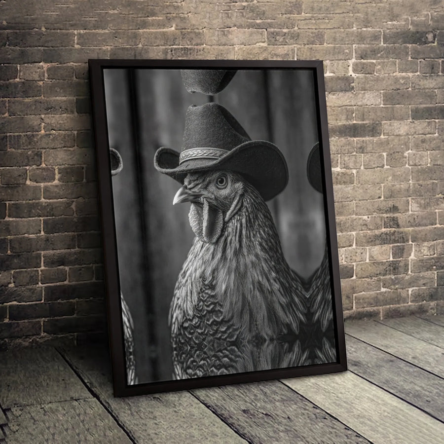 Chicken With Cowboy Hat Wall Art | Rustic Farmhouse Portrait Print | 1.25-Inch Gallery Wrapped Canvas | Unique Farm Animal Decor Gift