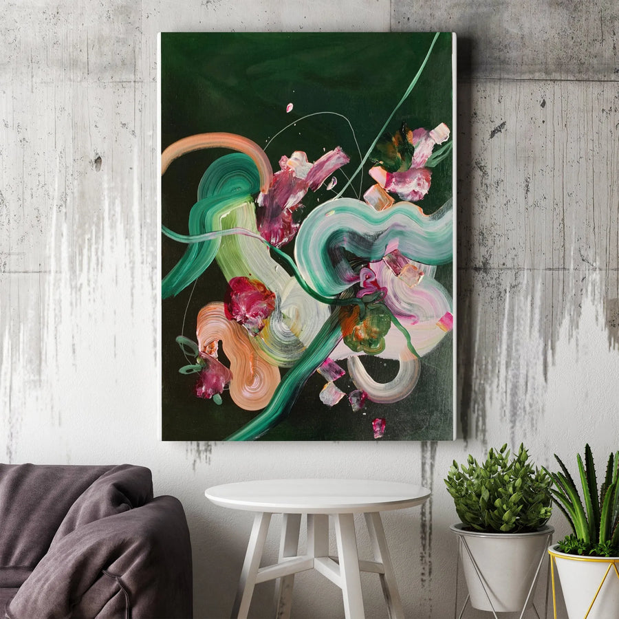 Abstract Floral Vertical Canvas | Colorful Gestural Painting Print on Dark Green Background | Premium Gallery Wrapped Canvas | Modern Living Room Wall Art Gift
