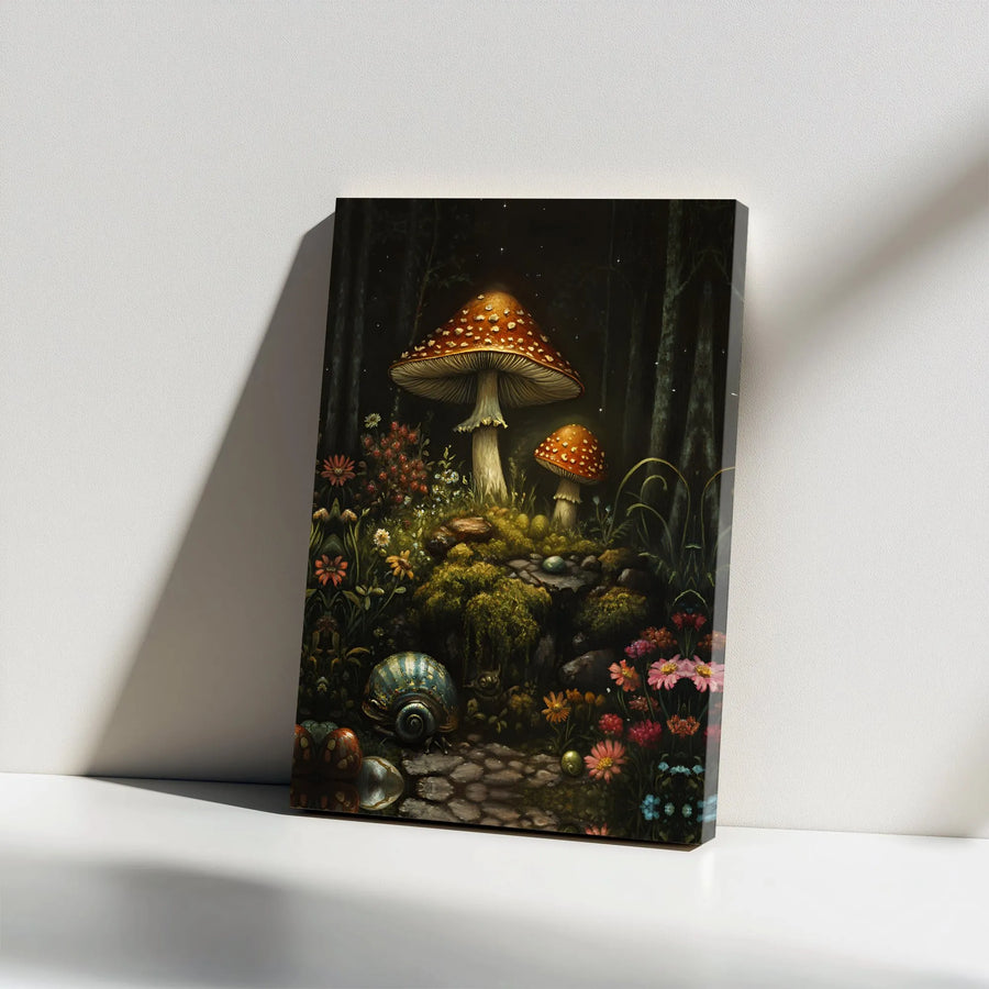 Mushroom Canvas Wall Art | Enchanted Forest Goblincore Aesthetic | Premium Gallery Wrapped Print | Cottagecore Home Decor Gift