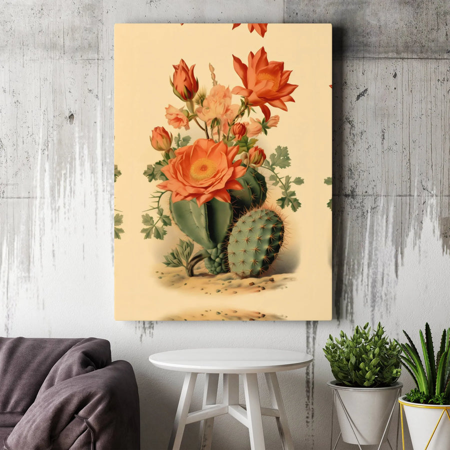 Blooming Cactus Botanical Wall Art | Vintage Desert Floral Illustration | Premium Gallery Wrapped Canvas | Minimalist Boho Home Decor Gift