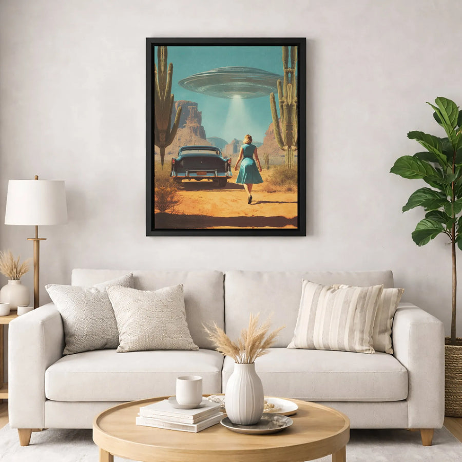 Retro Alien UFO Canvas | 1950s Desert Sci-Fi Art | Premium 1.25-Inch Gallery Wrap | Vintage Sci-Fi Wall Decor for Living Room or Office