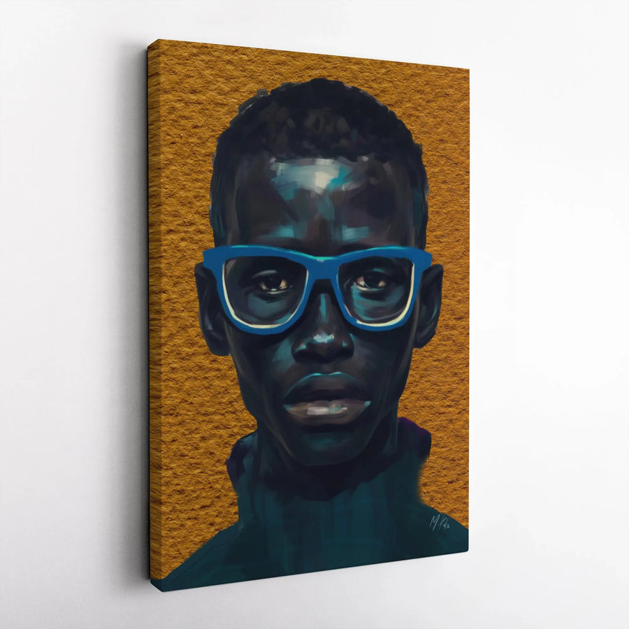 Modern Black Man Canvas Art | Vibrant Portrait with Blue Glasses | Premium Gallery Wrapped Print | Urban Home & Office Decor Gift