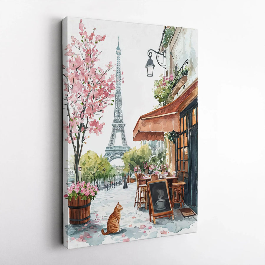 Paris Cafe Eiffel Tower Canvas | Watercolor Street Scene with Cat | Premium Frameless Wall Art | Romantic Living Room Decor Gift