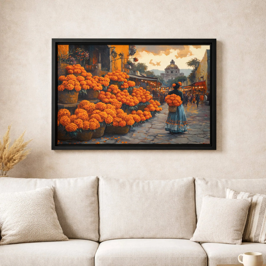 Dia De Los Muertos Canvas Art | Vibrant Marigold Market Scene | Gallery Quality Fade-Resistant Print | Mexican Cultural Wall Decor Gift