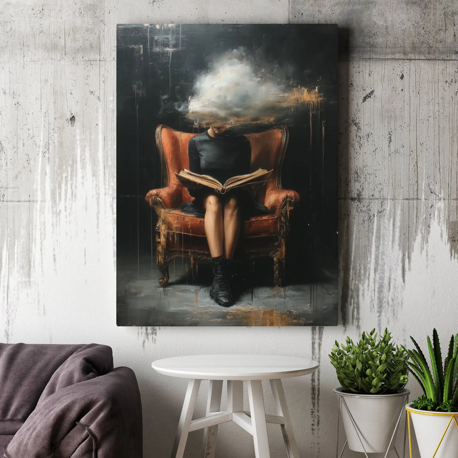 Surreal Woman Reading Book Canvas | Dreamy Cloud Head Art | Gallery Quality 1.25 Inch Thick Wrap | Modern Gothic Home Decor Gift