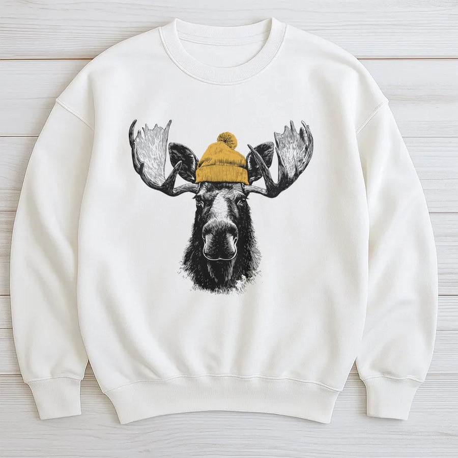 Moose Sweatshirt with Beanie | Cute Wildlife Graphic Illustration | Premium Soft Cotton Blend | Winter Nature Gift for Him Her