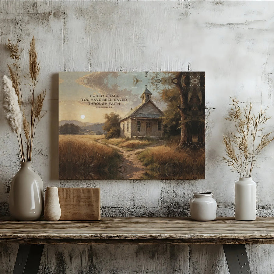 Ephesians 2:8 Canvas Print | Rustic Church Landscape Wall Art | Gallery Quality Premium Decor | Christian Gift for Home or Office