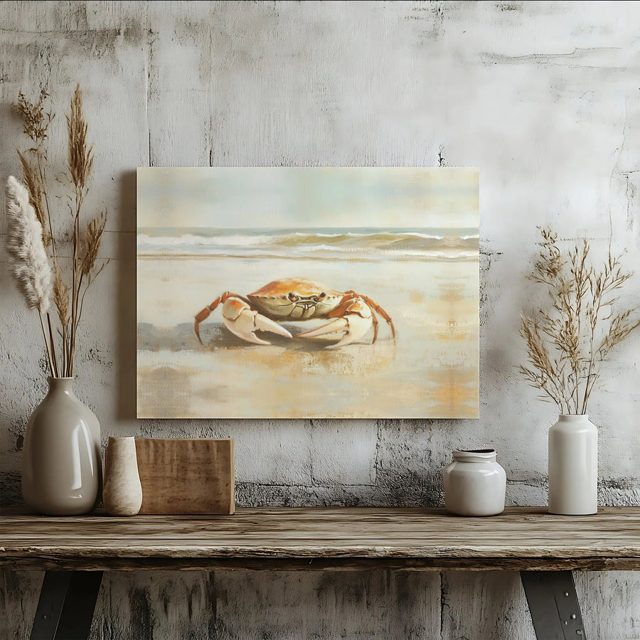 Coastal Crab Wall Art | Beach Sandy Shore Painting Print | Gallery Quality 1.25-Inch Canvas | Nautical Home Decor Gift for Beach House