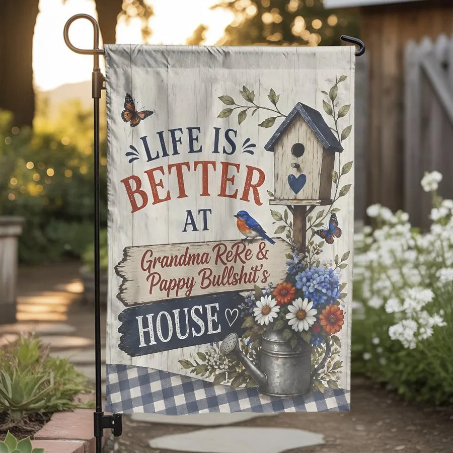 Grandma's House Garden Flag | Rustic Farmhouse Welcome Sign with Birdhouse | Double Sided Weather Resistant Polyester | Unique Gift for Grandparents