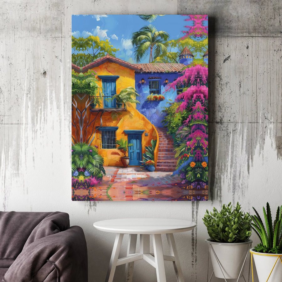 Mexican Hacienda Wall Art | Vibrant Mediterranean Villa Canvas Print | Premium Gallery Wrapped Decor | Tropical Garden Home Gift