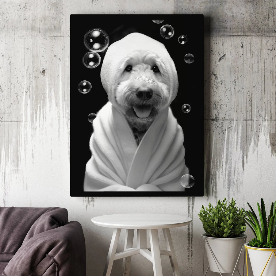 Dog In Bathrobe Canvas Print | Whimsical Pet Portrait With Soap Bubbles | Premium 1.25-Inch Gallery Wrap | Funny Bathroom Wall Art Decor