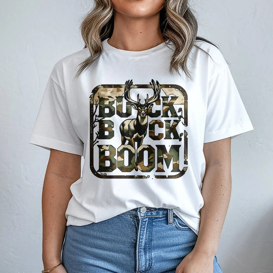Buck Boom Hunting T-Shirt | Rustic Deer Antler Camo Graphic | Premium Cotton Unisex Tee | Gift for Deer Hunter and Outdoorsman