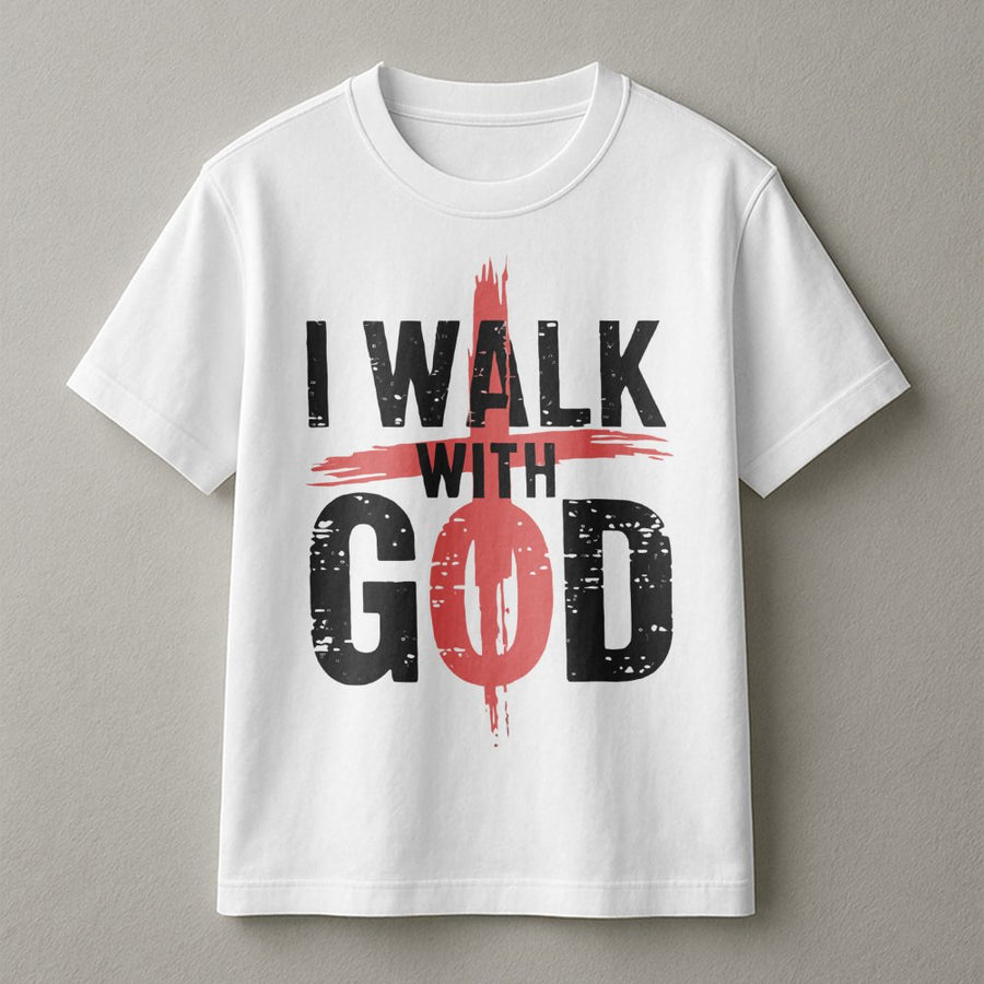 I Walk With God T-Shirt | Distressed Cross Religious Graphic Design | Premium 100% Cotton Tee | Meaningful Faith Gift for Men and Women