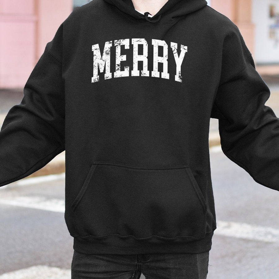 Merry Christmas Hoodie | Retro Varsity Text Distressed Design | Premium Cotton Blend | Cozy Festive Holiday Gift For Her
