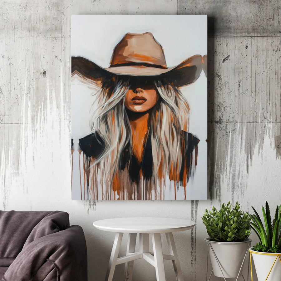 Western Cowgirl Canvas Wall Art | Abstract Blonde Woman in Cowboy Hat Print | 1.25" Gallery Wrap | Premium Farmhouse Home Decor Gift