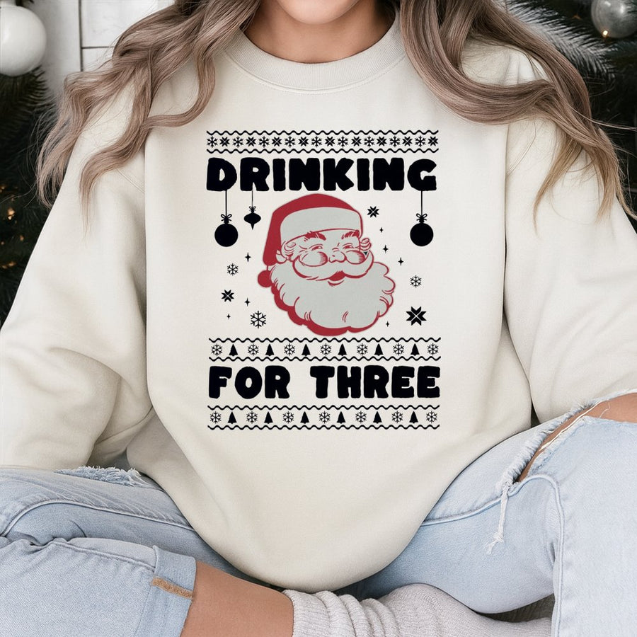Drinking For Three Christmas Sweatshirt | Funny Pregnancy Announcement | Premium Cotton Blend Crewneck | Holiday Expecting Mom Gift Idea