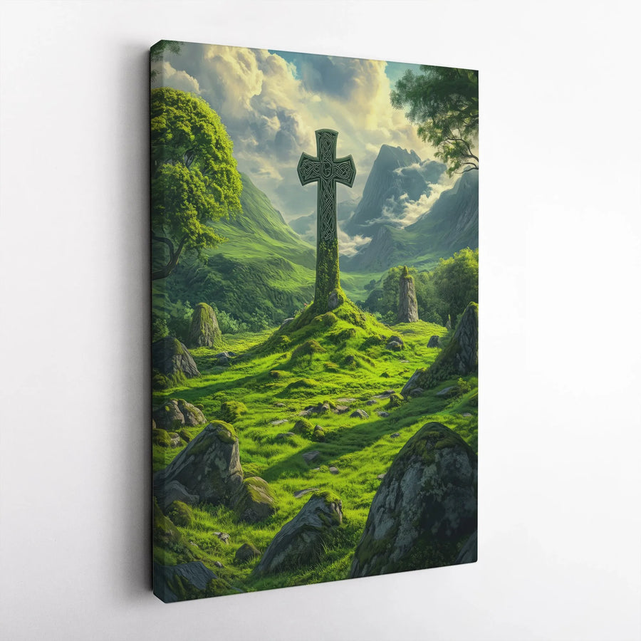 Celtic Cross Canvas Wall Art | Irish Landscape with Ancient Stone Cross | Premium Gallery Wrapped Print | Christian Heritage Decor Gift