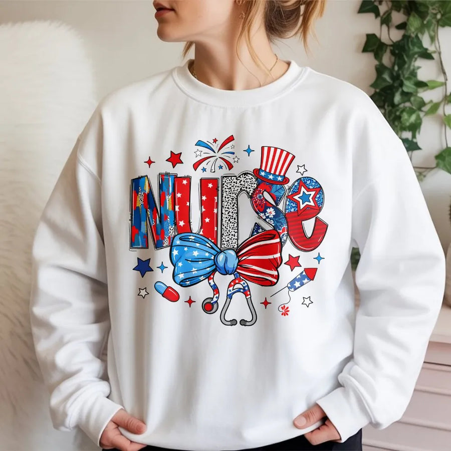 Patriotic Nurse Sweatshirt | Coquette American Flag Design with Stethoscope Bow | Soft Cotton Blend | 4th of July Gift for ER, ICU, LPN Nurses