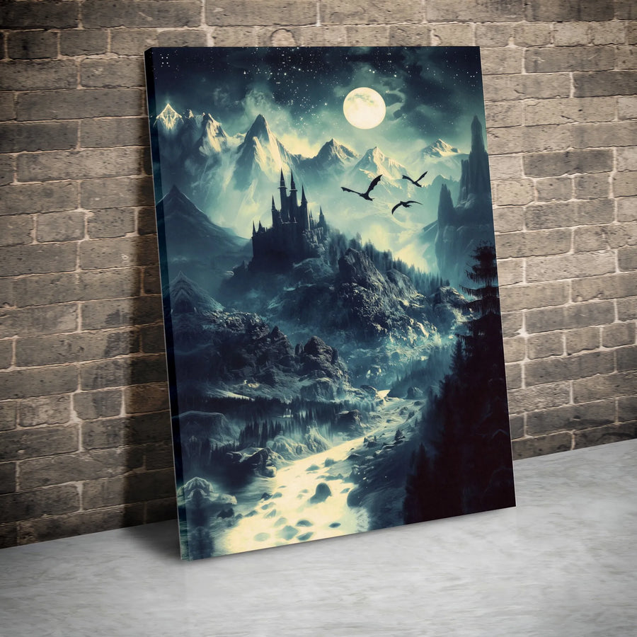 Gothic Castle Canvas Wall Art | Moonlit Dragon Mountain Landscape | Premium Canvas Print | Collector's Gift for Fantasy Lovers & Gamers