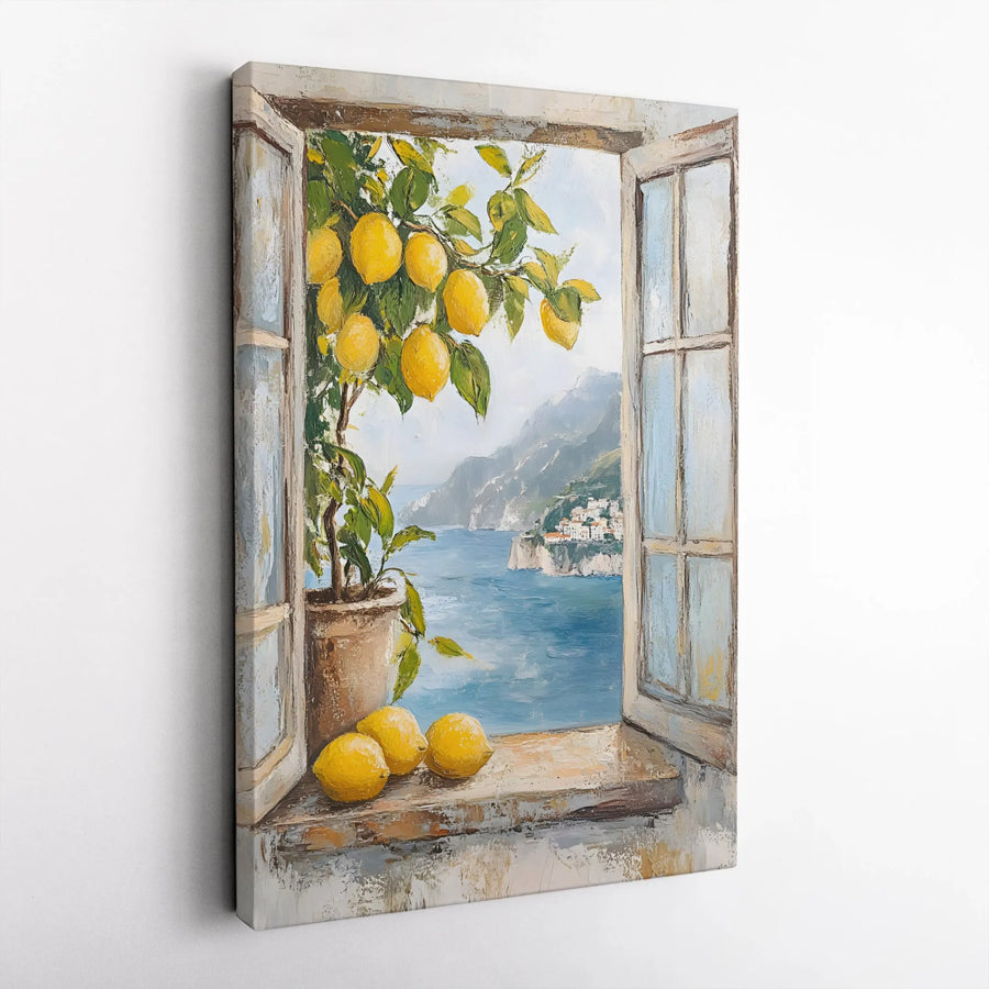 Lemon Tree Window Canvas Wall Art | Italian Coastal View Painting Print | Premium Thick Gallery Wrap | Mediterranean Kitchen Decor Gift