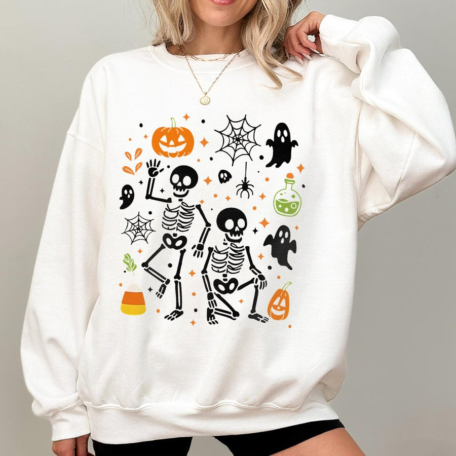 Dancing Skeleton Halloween Sweatshirt | Spooky Pumpkin Ghost Graphic Print | Premium Cotton Blend | Funny Fall Gift for Adults