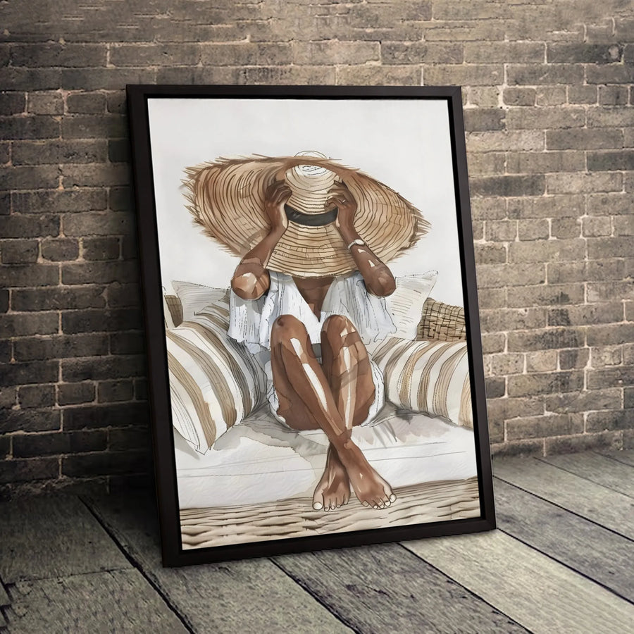 Black Woman Art Canvas | Elegant Watercolor Portrait with Straw Hat | Premium Fade-Resistant Wall Decor | Boho Chic Home Office Gift