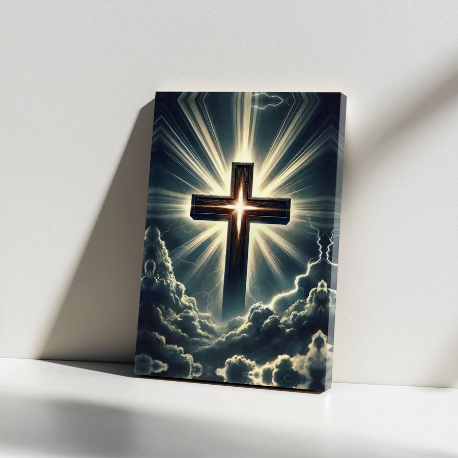 Christian Cross Wall Art | Glowing Rays of Light in Stormy Sky | Premium Thick Canvas Print | Inspirational Faith-Based Gift for Home Decor