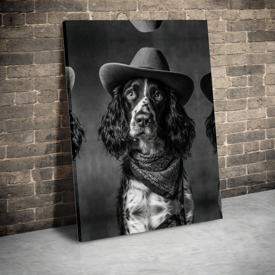 Cowboy Dog Canvas Wall Art | Black and White Western Pet Portrait | Premium Thick Gallery Wrap | Unique Gift for Dog Lover