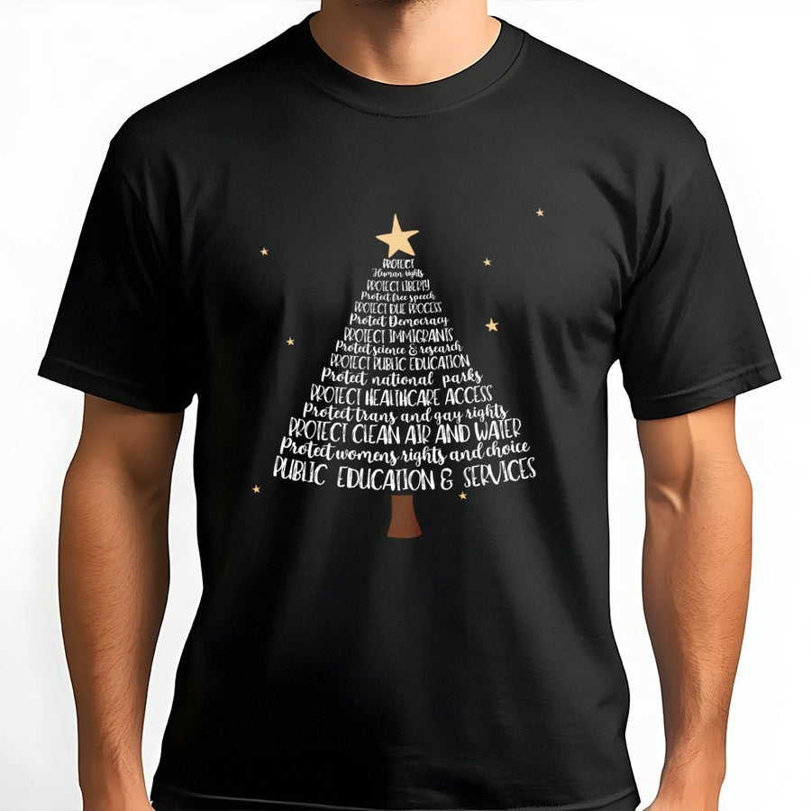 Progressive Christmas Tree T-Shirt | Social Justice Holiday Activism Design | Premium Cotton Unisex Graphic Tee | Gift for Activist Women and Men