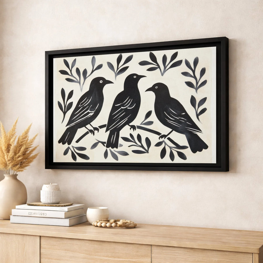 Black Bird Wall Art | Modern Minimalist Crow Print | Gallery-Quality 1.25-Inch Canvas | Botanical Nature Decor Gift for Home Office