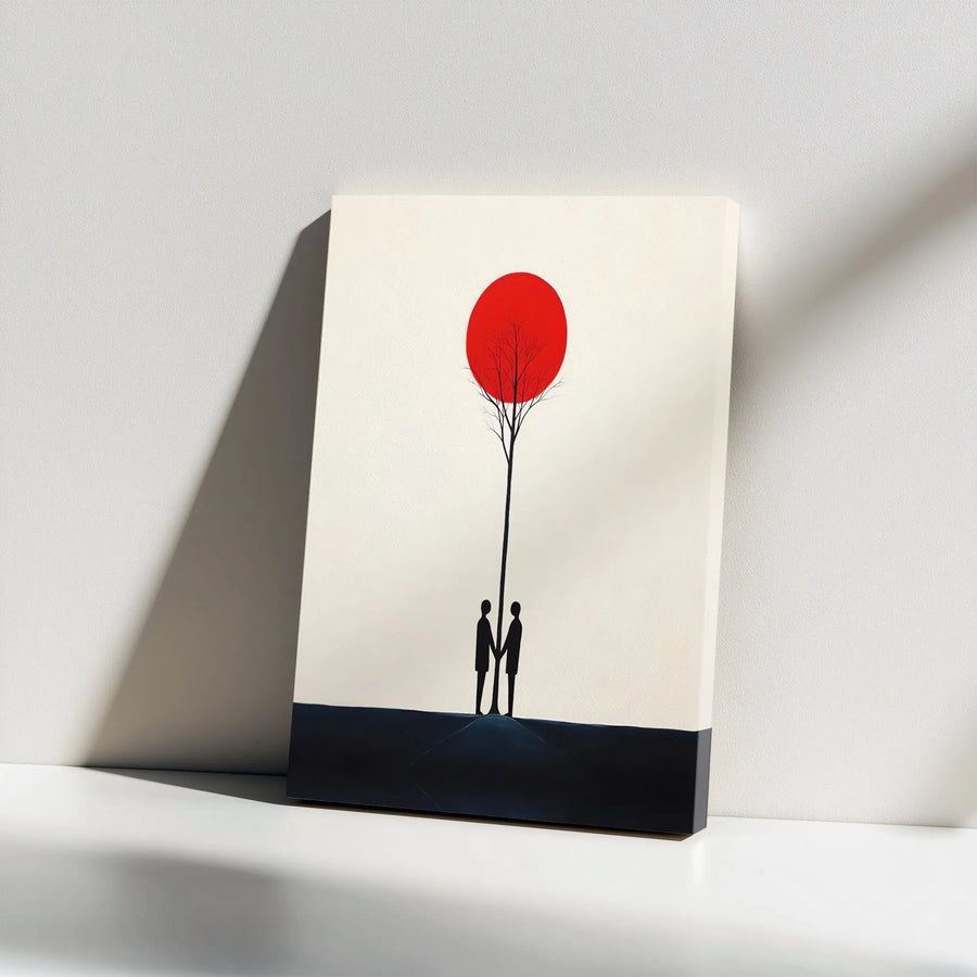 Minimalist Couple Wall Art | Romantic Holding Hands Red Sun Canvas | Premium Gallery Wrap Decor | Gift for Anniversary or Wedding