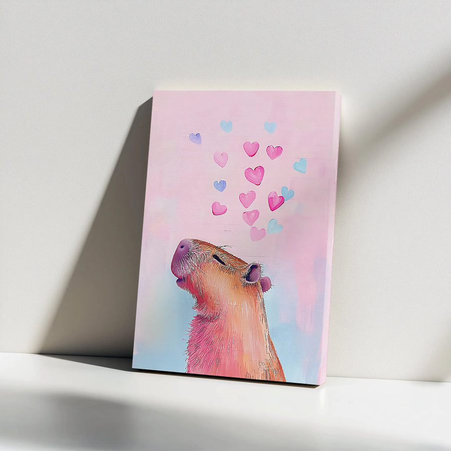 Capybara Canvas Wall Art | Cute Watercolor Animal with Hearts | Premium Gallery Wrap Print | Nursery Decor Gift for Kids Room